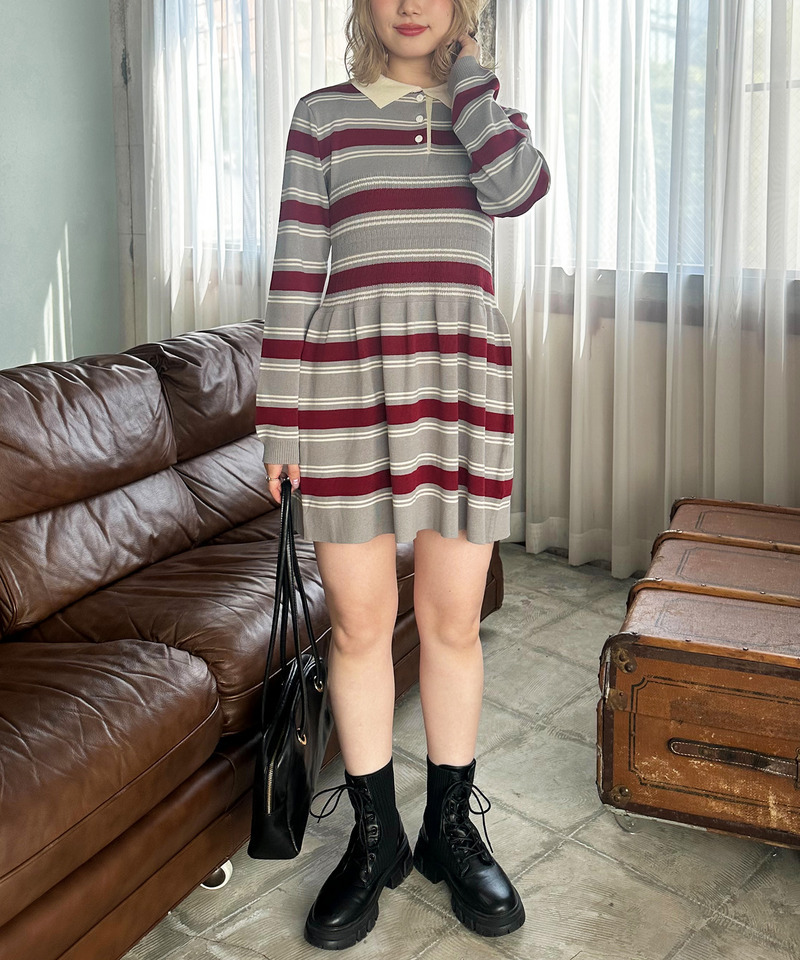 ポロ衿チュニックニットワンピース 詳細画像 グレー 7