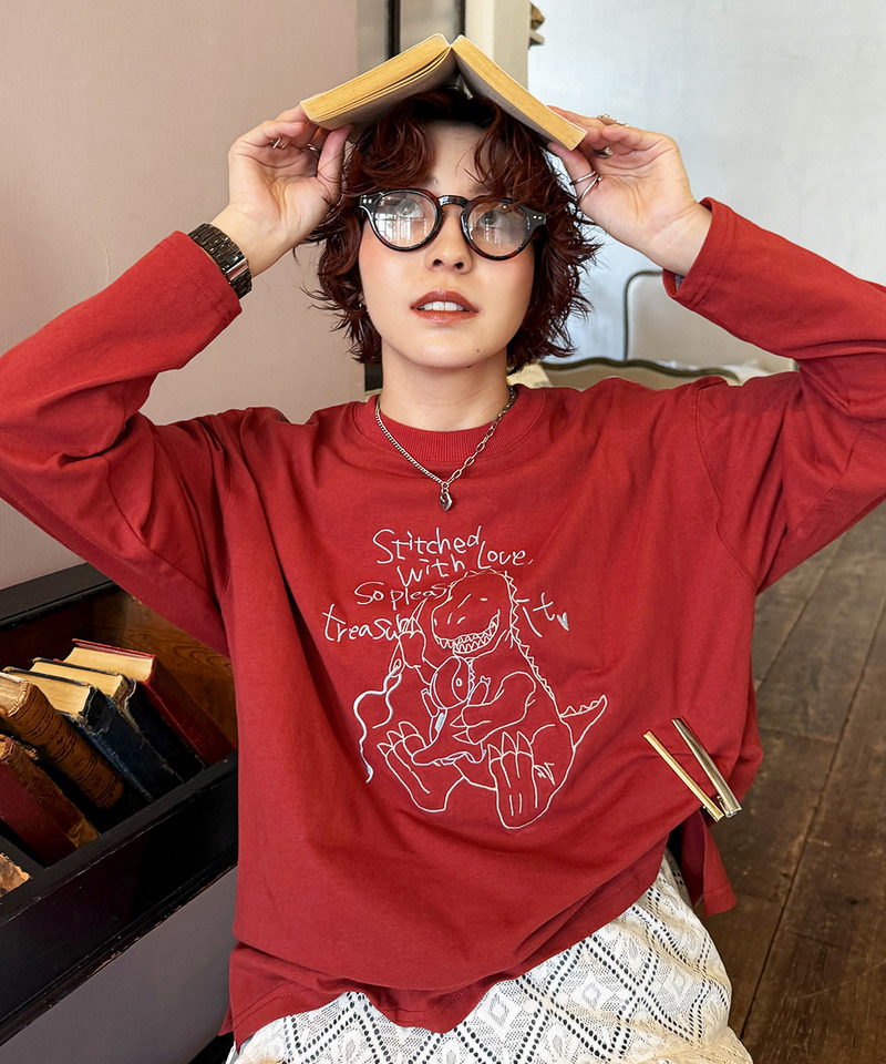 ぬいを縫いたい恐竜刺しゅうロンTEE 詳細画像 レッド 3