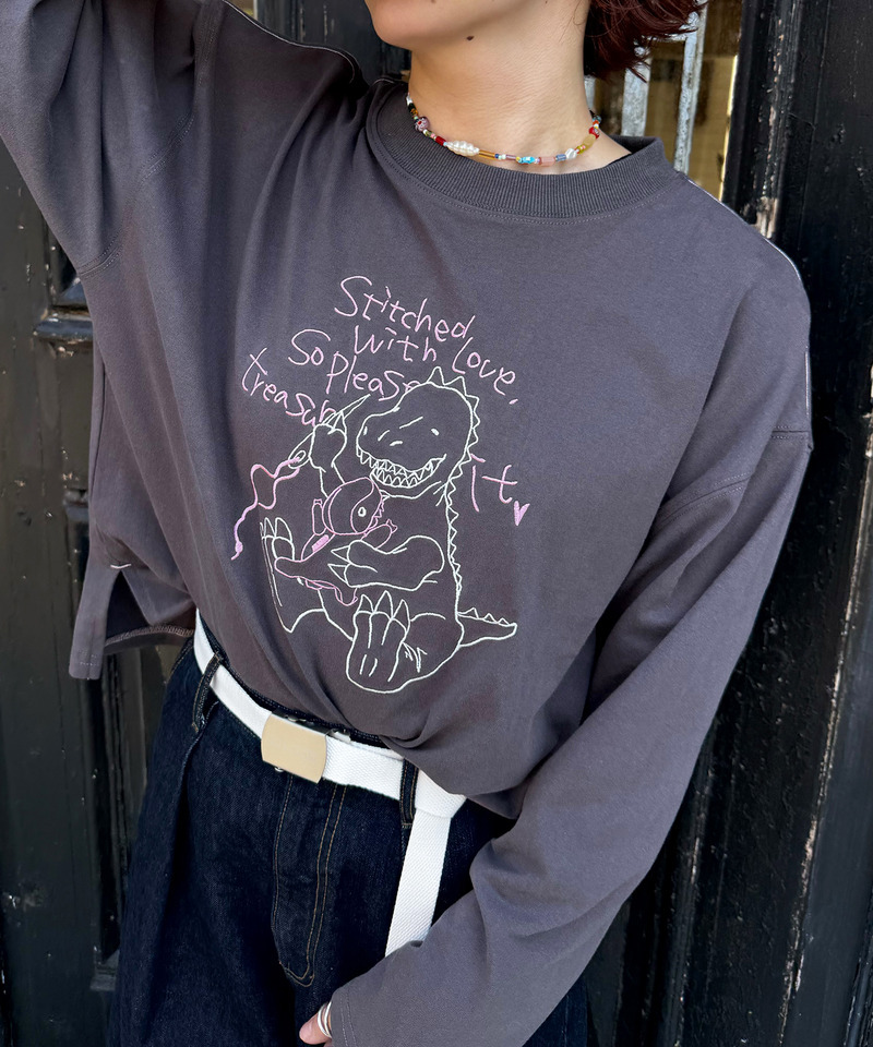 ぬいを縫いたい恐竜刺しゅうロンTEE 詳細画像 ブラック系 4