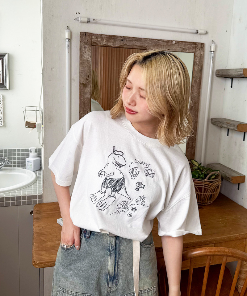 【EC限定REVIVAL】魚とシュノーケリングしたい恐竜刺しゅうTEE 詳細画像 オフホワイト 12