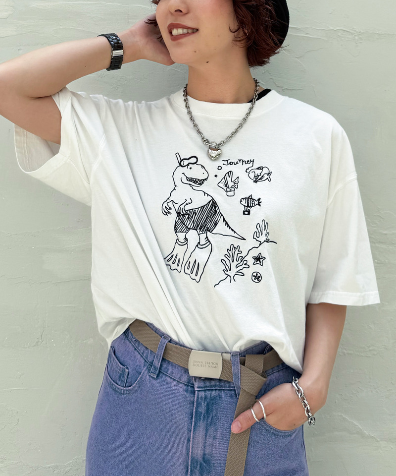 【EC限定REVIVAL】魚とシュノーケリングしたい恐竜刺しゅうTEE 詳細画像 オフホワイト 2