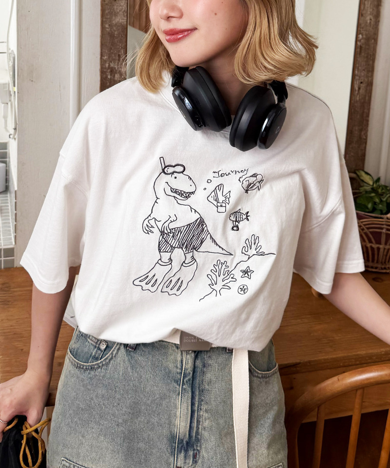 【EC限定REVIVAL】魚とシュノーケリングしたい恐竜刺しゅうTEE 詳細画像 オフホワイト 4
