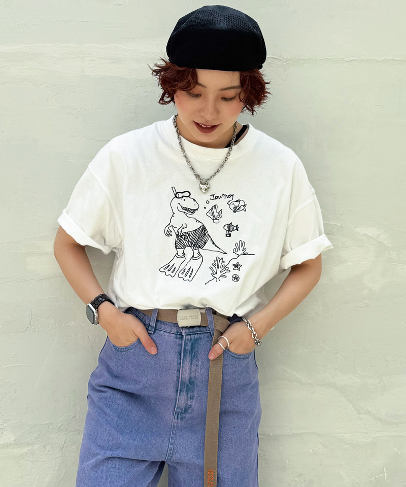 【EC限定REVIVAL】魚とシュノーケリングしたい恐竜刺しゅうTEE 詳細画像 オフホワイト 9