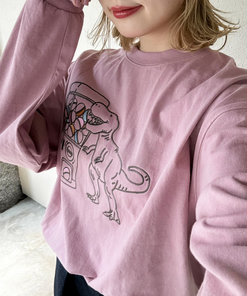 カプセルトイを回したい恐竜刺しゅうロンTEE 詳細画像 ピンク 4