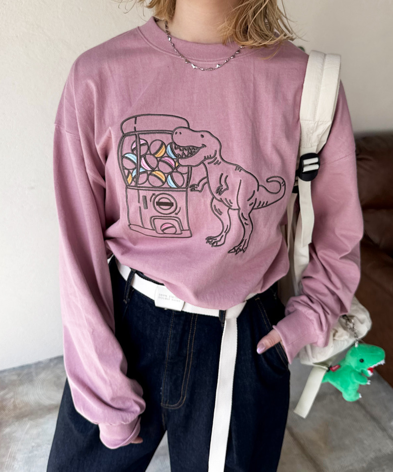 カプセルトイを回したい恐竜刺しゅうロンTEE 詳細画像 ピンク 6
