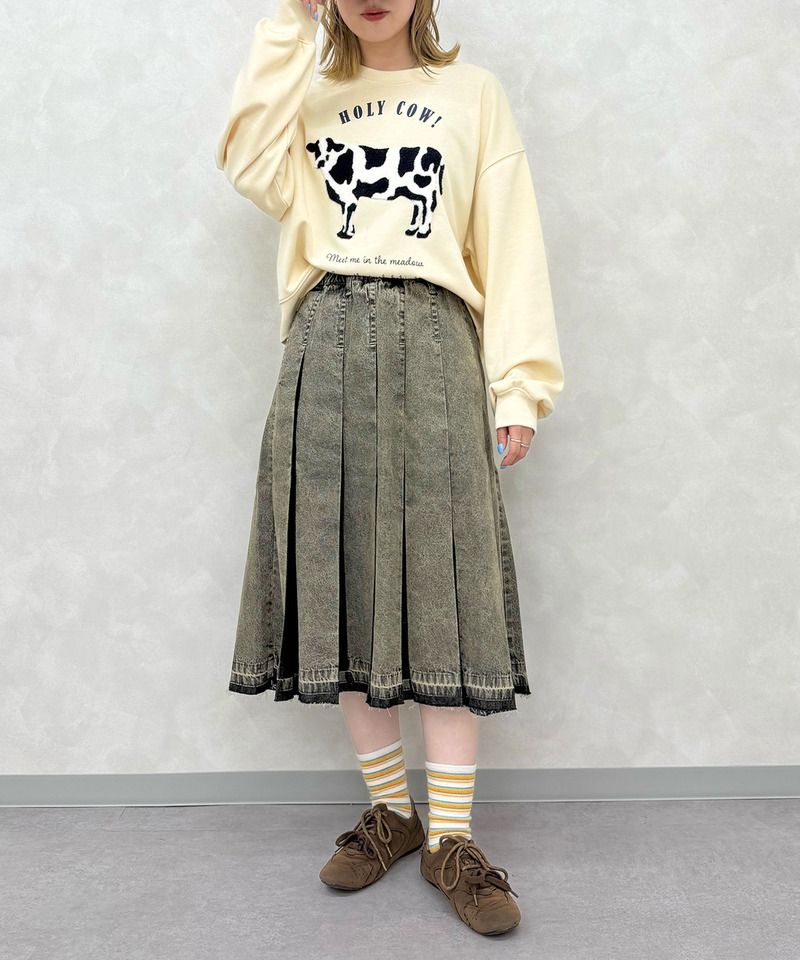 ケミカル加工ジア刷りミドル丈プリーツスカート 詳細画像 ブラックデニム 2
