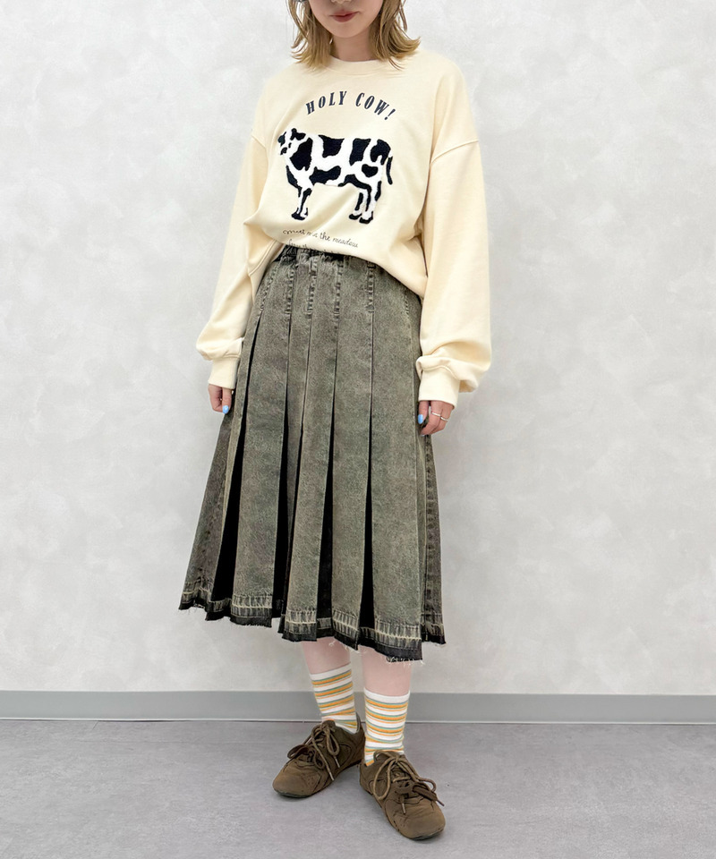 ケミカル加工ジア刷りミドル丈プリーツスカート 詳細画像 ブラックデニム 5