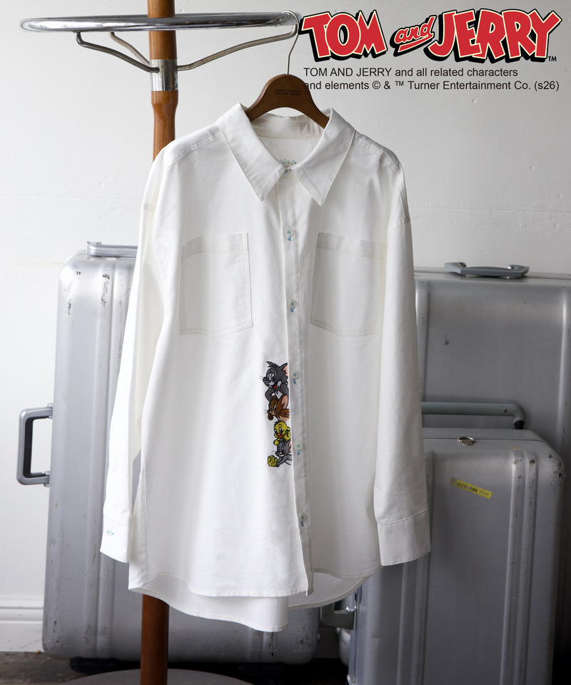 【TOM AND JERRY】 ひょっこり刺しゅうオーバーサイズオックスシャツ 詳細画像 オフホワイト 1