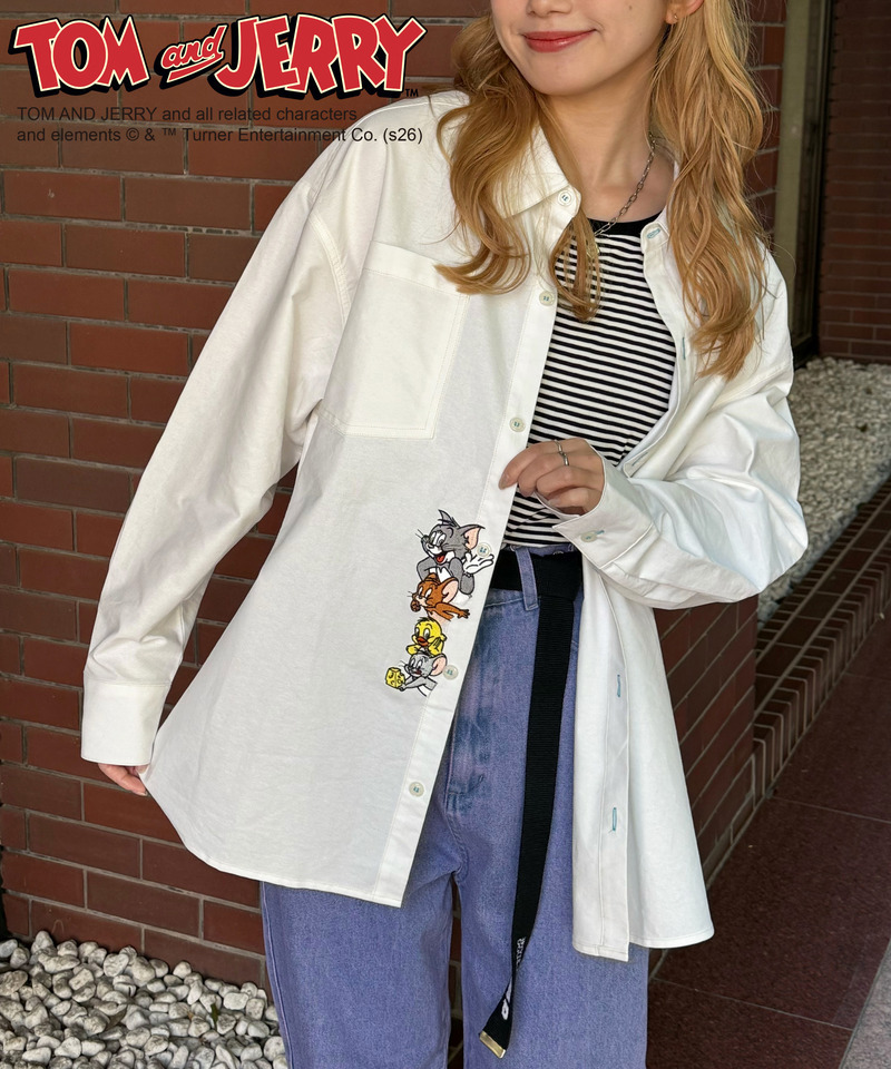 【TOM AND JERRY】 ひょっこり刺しゅうオーバーサイズオックスシャツ 詳細画像 オフホワイト 8