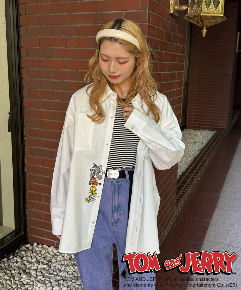 【TOM AND JERRY】 ひょっこり刺しゅうオーバーサイズオックスシャツ 詳細画像 オフホワイト 9