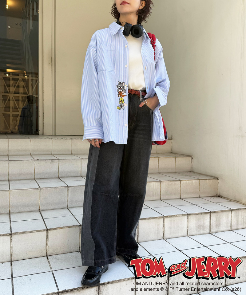 【TOM AND JERRY】 ひょっこり刺しゅうオーバーサイズオックスシャツ 詳細画像 ブルー 12
