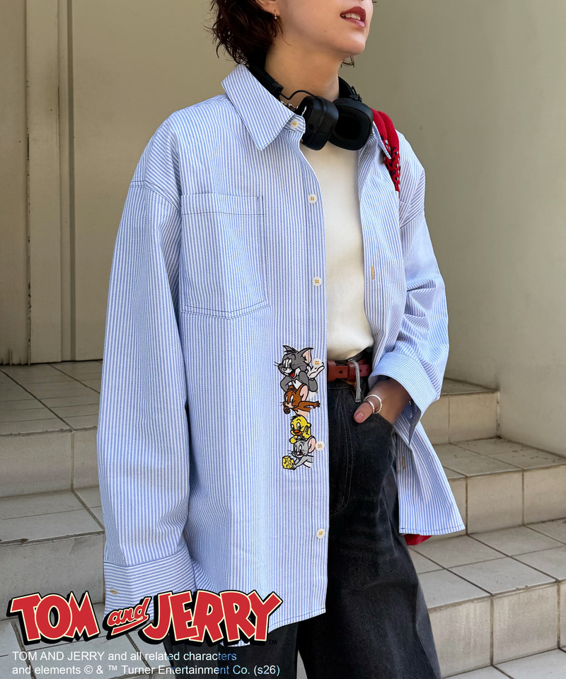 【TOM AND JERRY】 ひょっこり刺しゅうオーバーサイズオックスシャツ 詳細画像 ブルー 6
