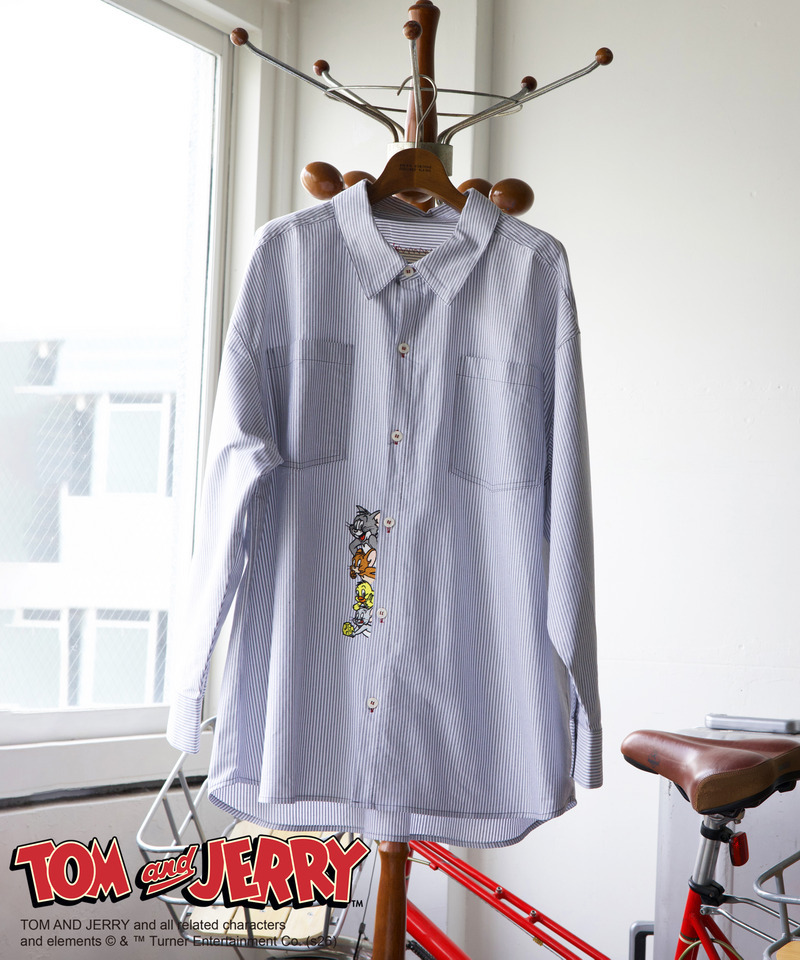 【TOM AND JERRY】 ひょっこり刺しゅうオーバーサイズオックスシャツ 詳細画像 グレー 1