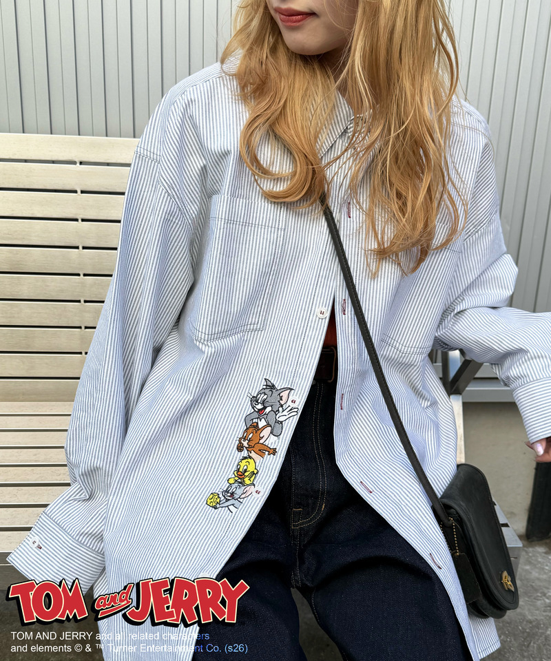 【TOM AND JERRY】 ひょっこり刺しゅうオーバーサイズオックスシャツ 詳細画像 グレー 10