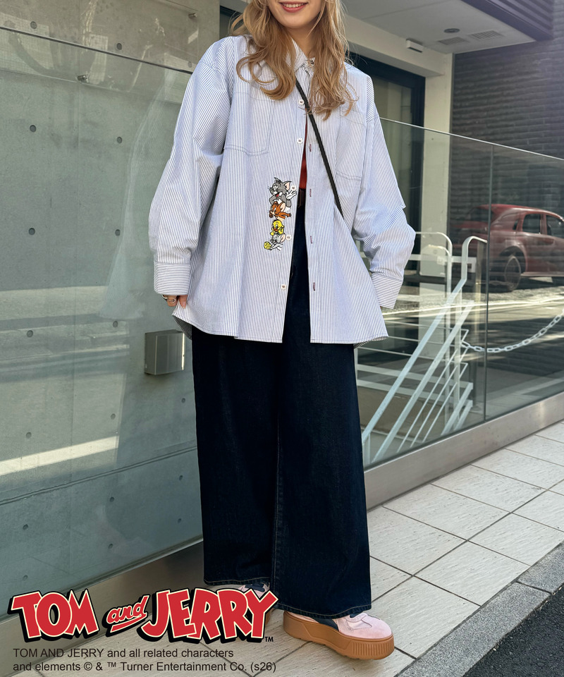 【TOM AND JERRY】 ひょっこり刺しゅうオーバーサイズオックスシャツ 詳細画像 グレー 13