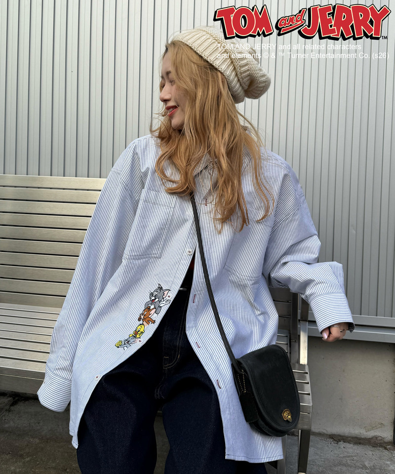 【TOM AND JERRY】 ひょっこり刺しゅうオーバーサイズオックスシャツ 詳細画像 グレー 5