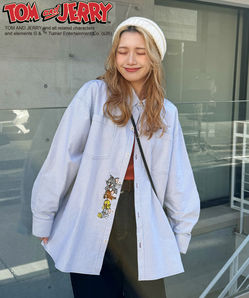 【TOM AND JERRY】 ひょっこり刺しゅうオーバーサイズオックスシャツ 詳細画像 グレー 7