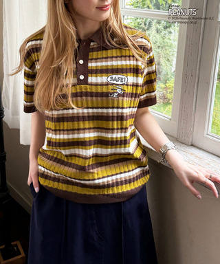 PEANUTSコラボ マルチボーダーポロ衿ニットトップス