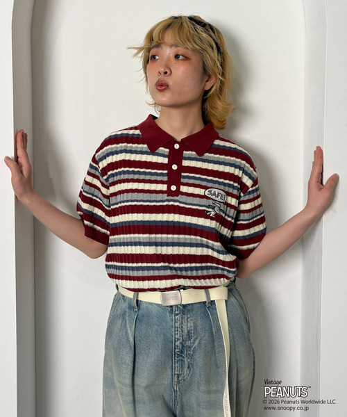 PEANUTSコラボ マルチボーダーポロ衿ニットトップス