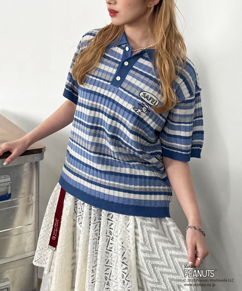 PEANUTSコラボ マルチボーダーポロ衿ニットトップス