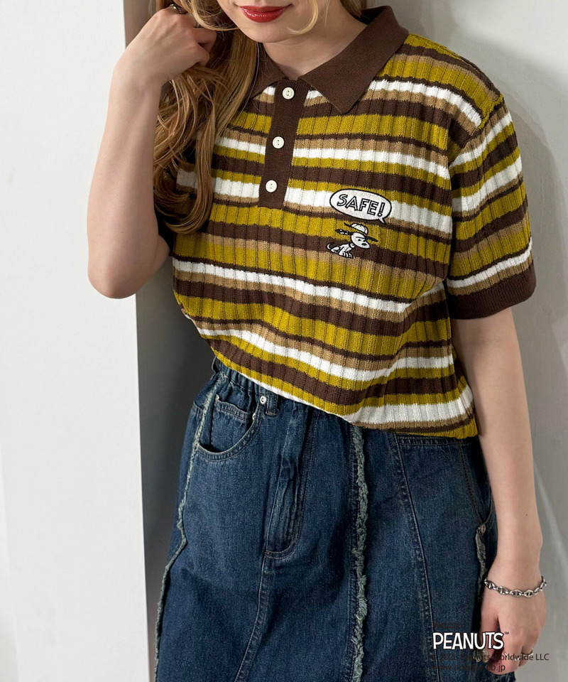 PEANUTSコラボ マルチボーダーポロ衿ニットトップス 詳細画像 ブラウン 3