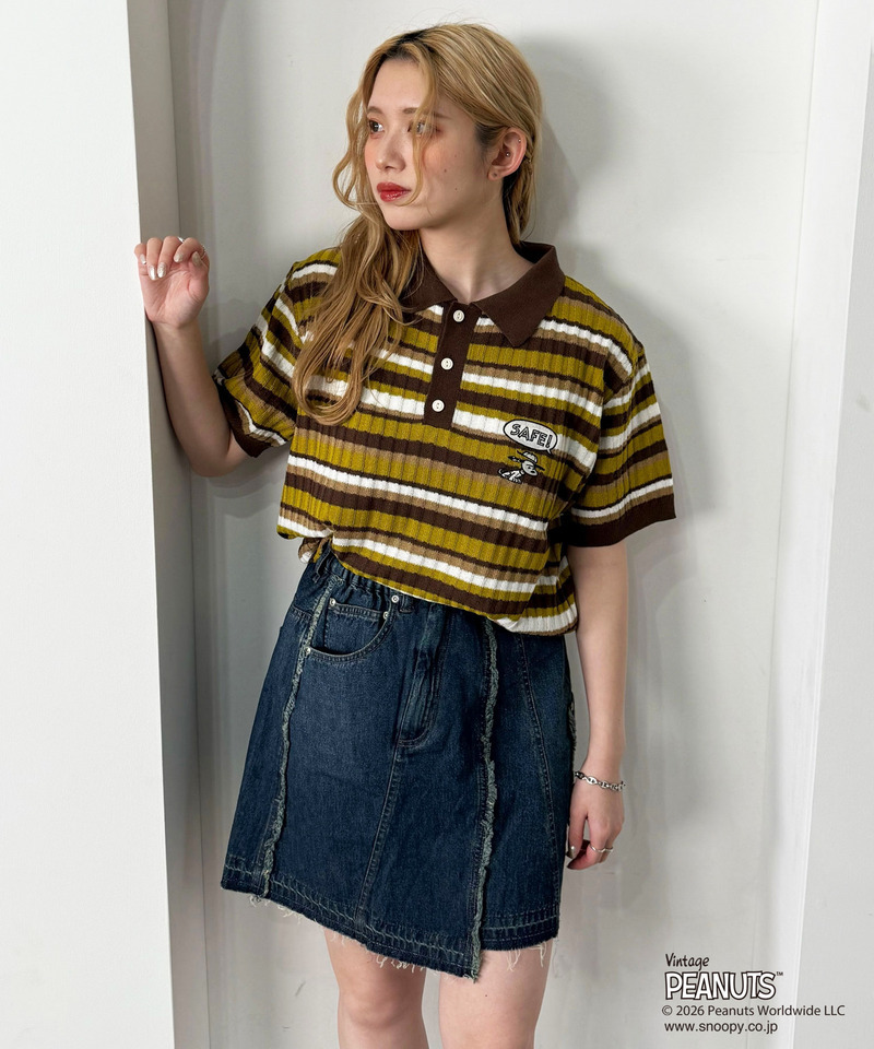 PEANUTSコラボ マルチボーダーポロ衿ニットトップス 詳細画像 ブラウン 4