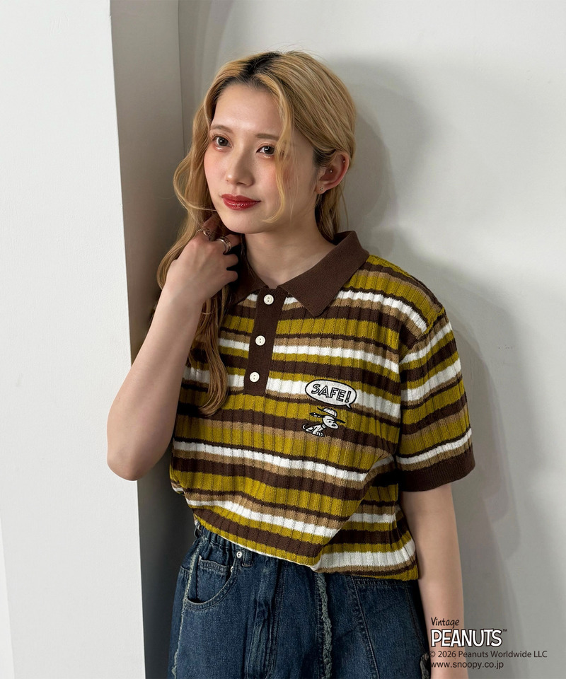 PEANUTSコラボ マルチボーダーポロ衿ニットトップス 詳細画像 ブラウン 5