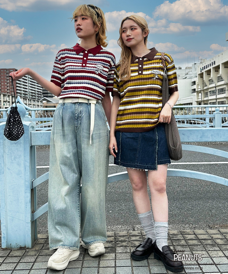 PEANUTSコラボ マルチボーダーポロ衿ニットトップス 詳細画像 ブラウン 9