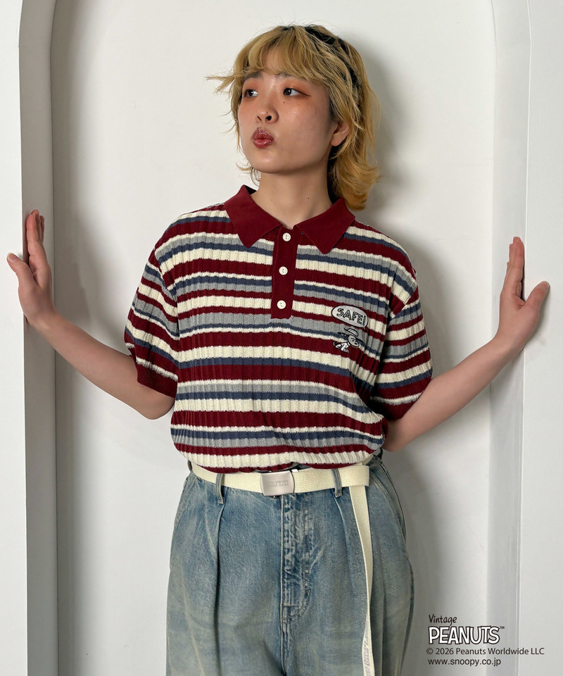 PEANUTSコラボ マルチボーダーポロ衿ニットトップス 詳細画像 レッド 1