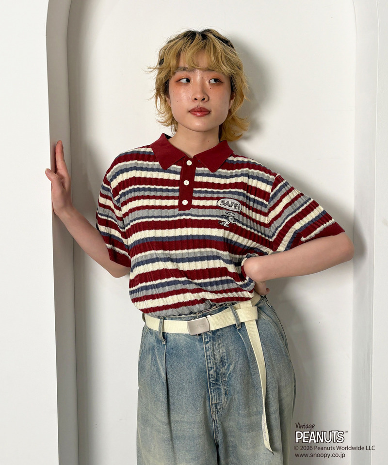 PEANUTSコラボ マルチボーダーポロ衿ニットトップス 詳細画像 レッド 2