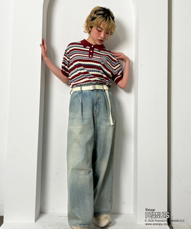 PEANUTSコラボ マルチボーダーポロ衿ニットトップス 詳細画像 レッド 3