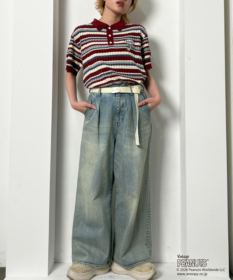 PEANUTSコラボ マルチボーダーポロ衿ニットトップス 詳細画像 レッド 4