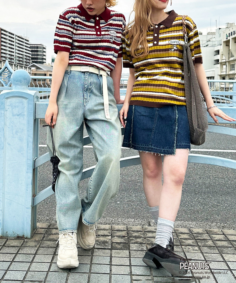 PEANUTSコラボ マルチボーダーポロ衿ニットトップス 詳細画像 レッド 7