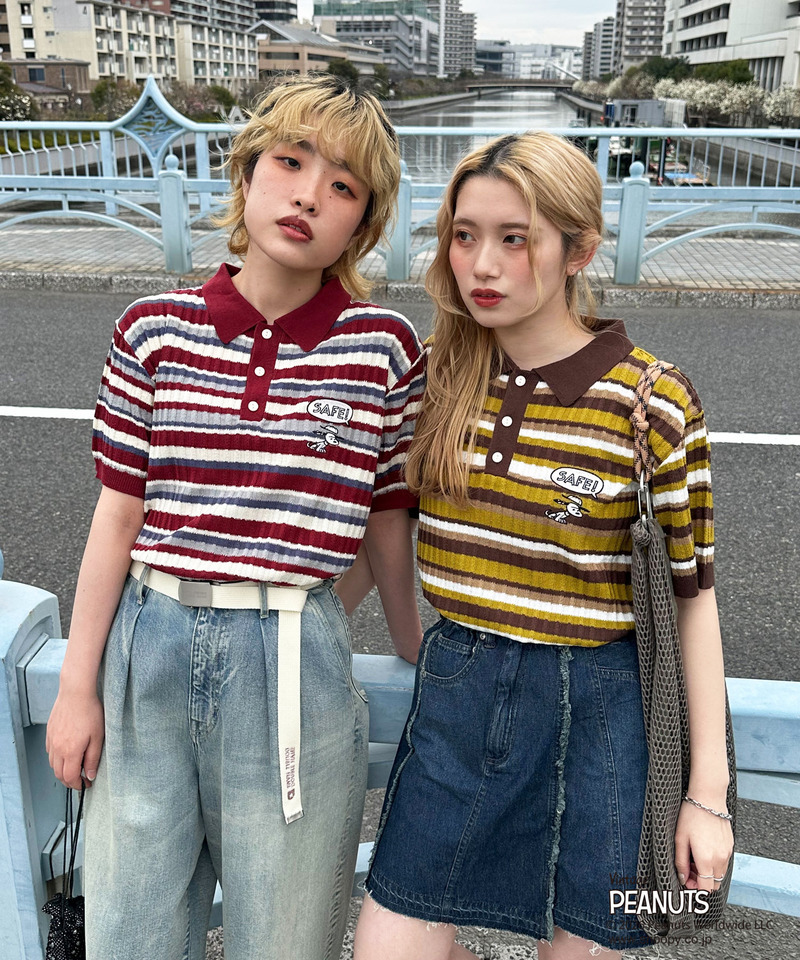 PEANUTSコラボ マルチボーダーポロ衿ニットトップス 詳細画像 レッド 8