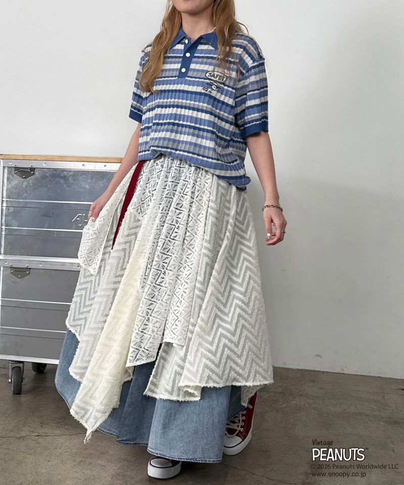 PEANUTSコラボ マルチボーダーポロ衿ニットトップス 詳細画像 ブルー 2