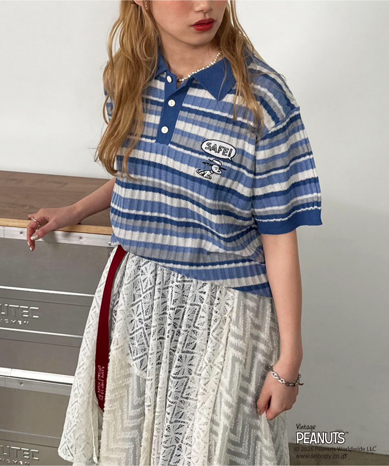 PEANUTSコラボ マルチボーダーポロ衿ニットトップス 詳細画像 ブルー 3
