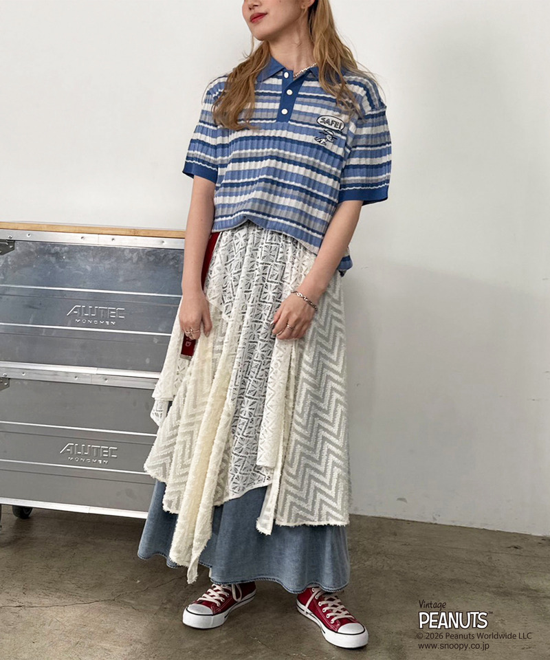 PEANUTSコラボ マルチボーダーポロ衿ニットトップス 詳細画像 ブルー 4