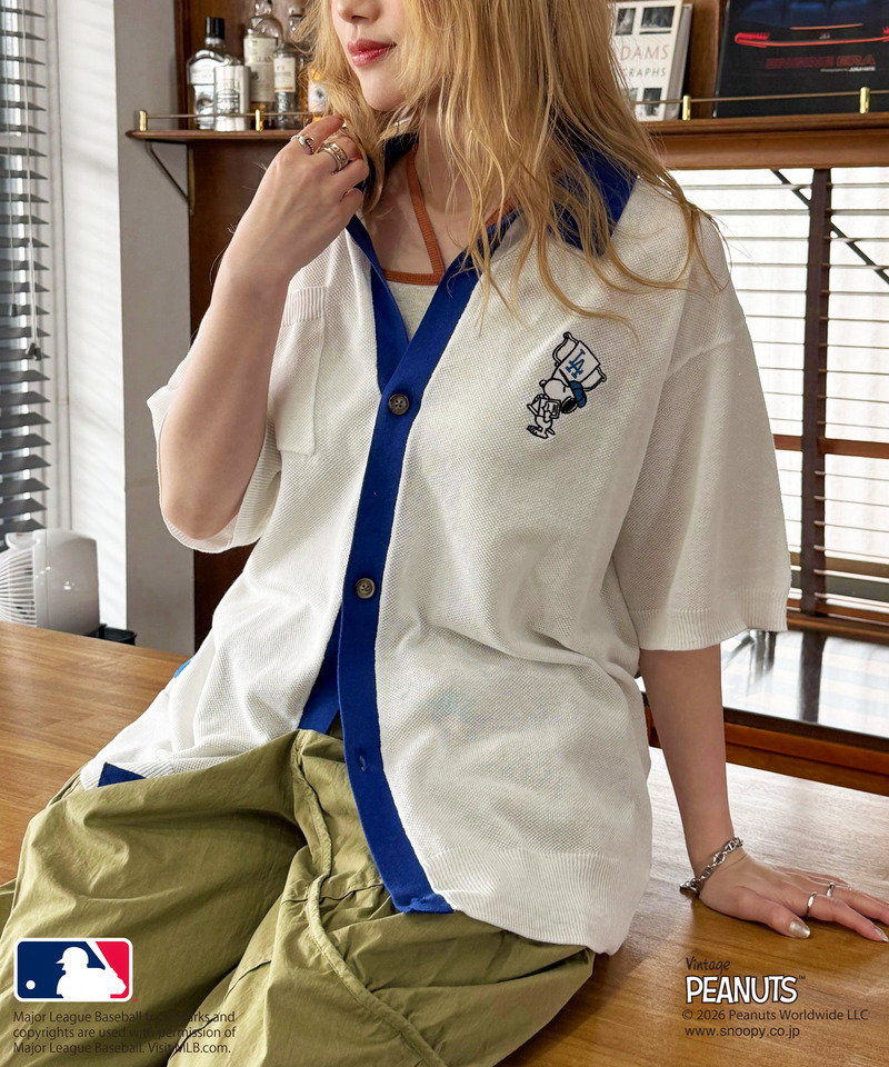 MLB&times;PEANUTSコラボ バイカラーシアーニットシャツ 詳細画像 オフホワイト 1