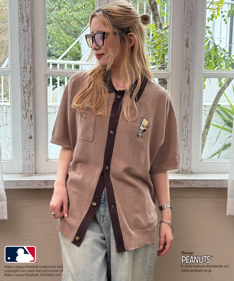 MLB&times;PEANUTSコラボ バイカラーシアーニットシャツ 詳細画像 ベージュ 2