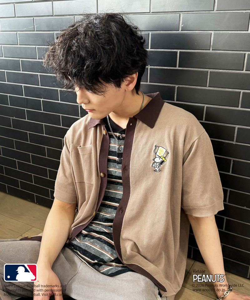 MLB&times;PEANUTSコラボ バイカラーシアーニットシャツ 詳細画像 ベージュ 3