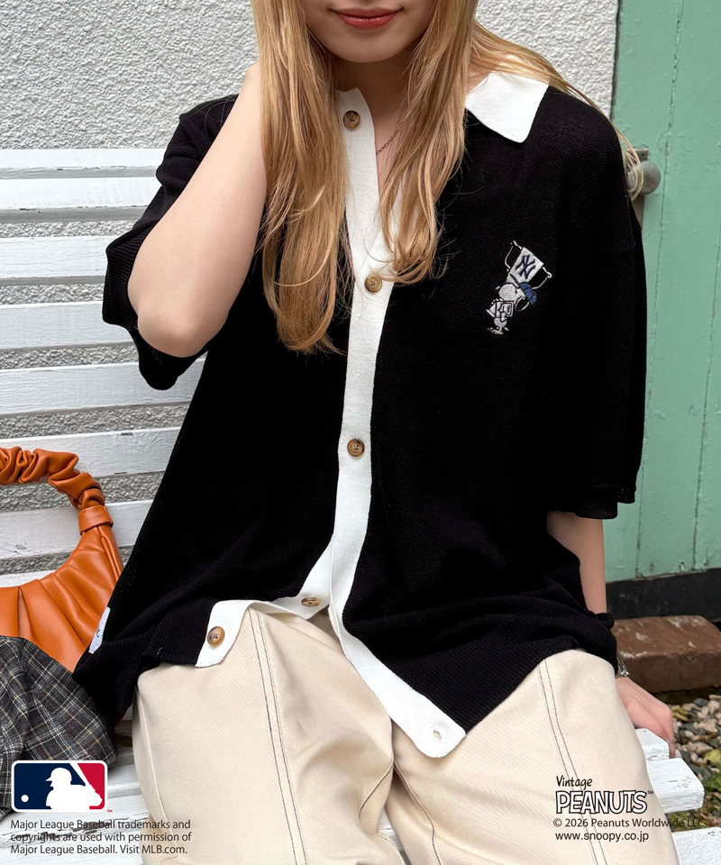 MLB&times;PEANUTSコラボ バイカラーシアーニットシャツ 詳細画像 ブラック 2