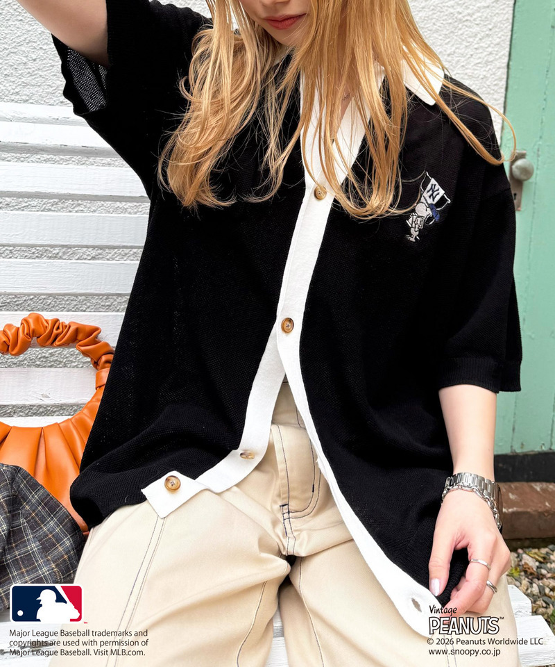 MLB&times;PEANUTSコラボ バイカラーシアーニットシャツ 詳細画像 ブラック 3