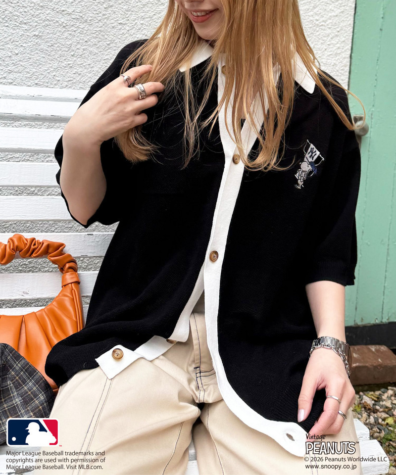 MLB&times;PEANUTSコラボ バイカラーシアーニットシャツ 詳細画像 ブラック 4