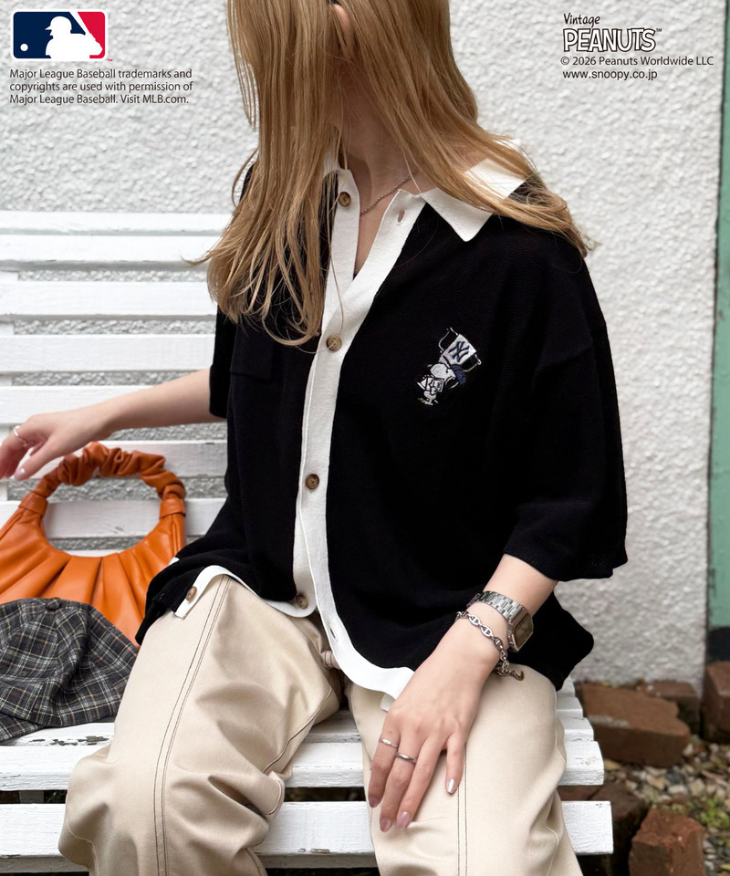 MLB&times;PEANUTSコラボ バイカラーシアーニットシャツ 詳細画像 ブラック 5