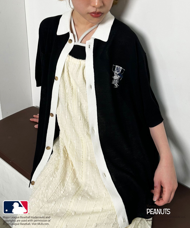 MLB&times;PEANUTSコラボ バイカラーシアーニットシャツ 詳細画像 ブラック 6