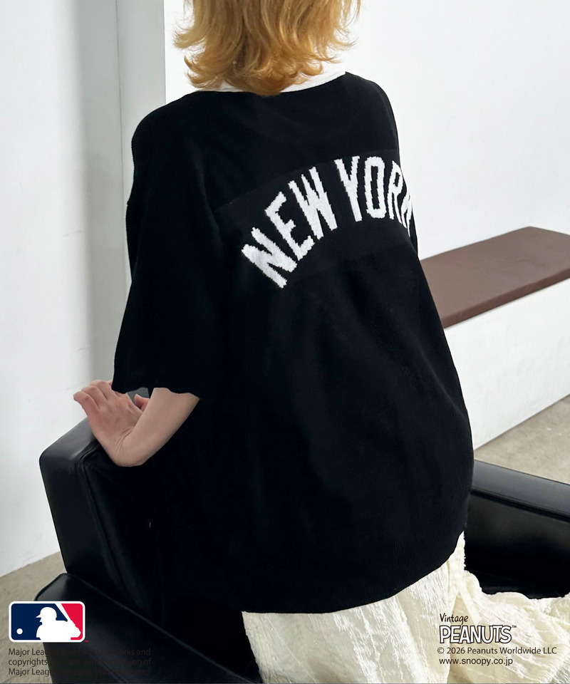 MLB&times;PEANUTSコラボ バイカラーシアーニットシャツ 詳細画像 ブラック 8