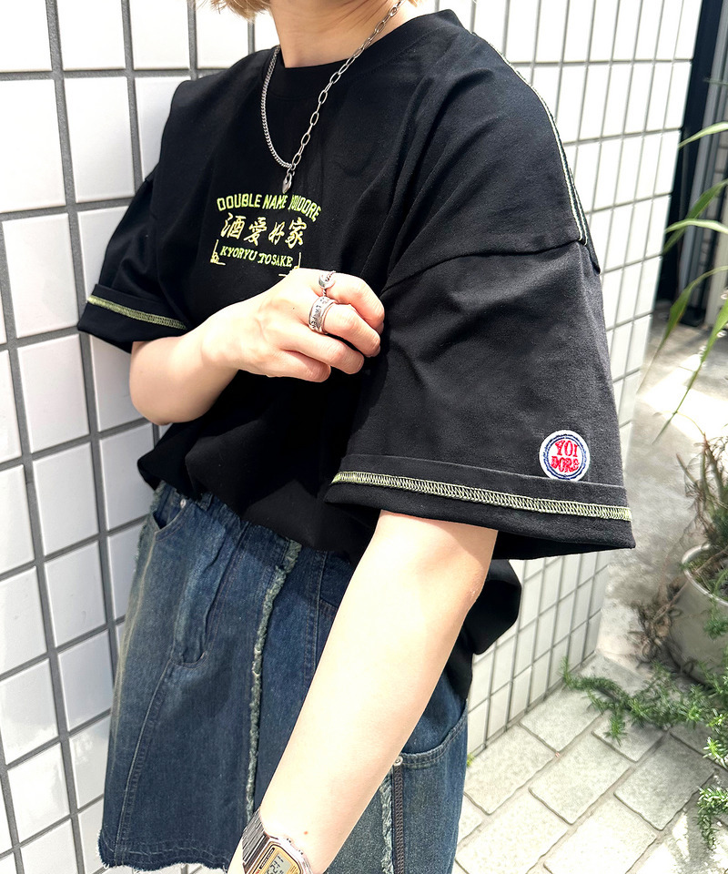 【YOIDORE】&times;DOUBLE NAMEコラボ ネオン刺繍 BIG TEE 詳細画像 ブラック 4