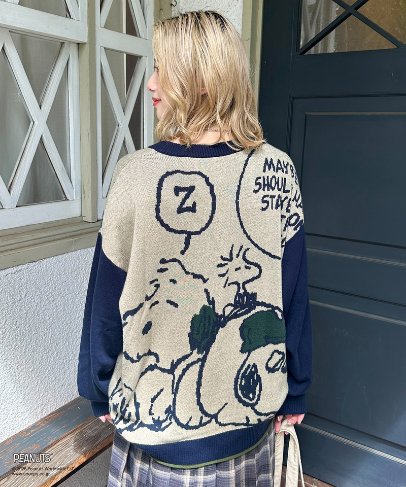 【PEANUTS】総柄ジャガードニットプルオーバー 詳細画像 ネイビー 15