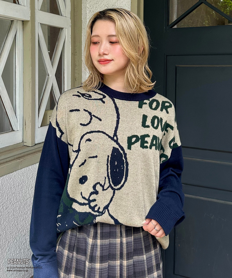 【PEANUTS】総柄ジャガードニットプルオーバー 詳細画像 ネイビー 6