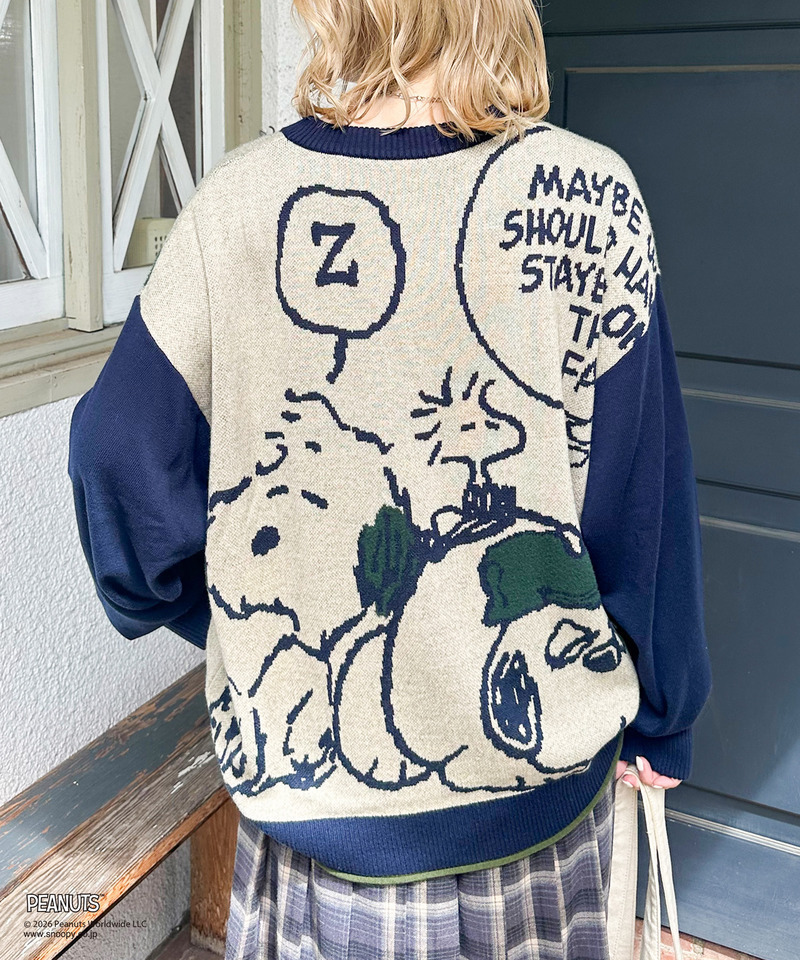 【PEANUTS】総柄ジャガードニットプルオーバー 詳細画像 ネイビー 7